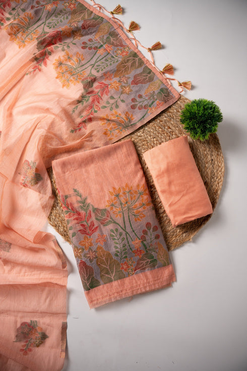 Trendy Tales Peach Cotton Unstitched Suit Set